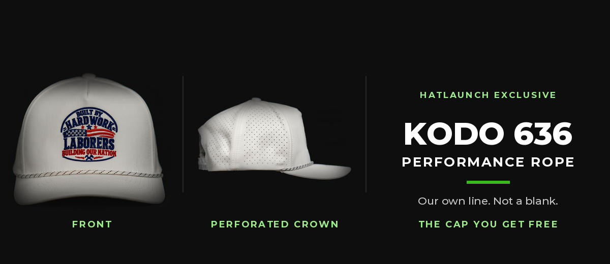 The Labor Day cap: front embroidery and laser-perforated crown, built on the Kodo 636 Performance Rope
